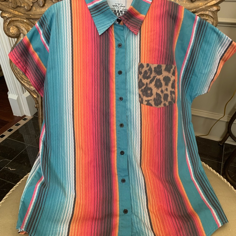 Crazy Train Multicolor Striped Shirt with Leopard Accent